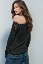 Dark grey asymmetric lace top, back view