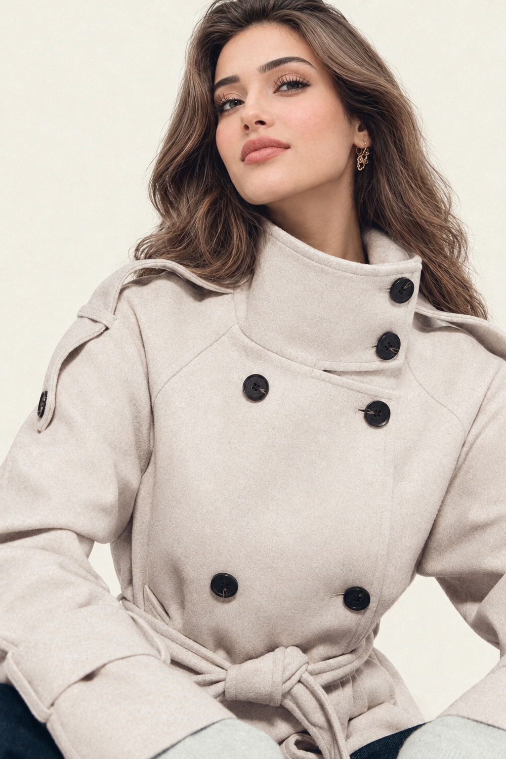 Beige trench coat with double-breasted buttons, front view