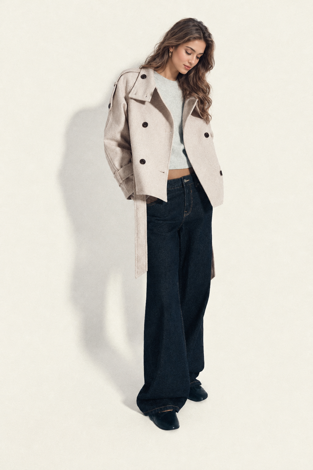 Beige trench coat layered over casual outfit, side view