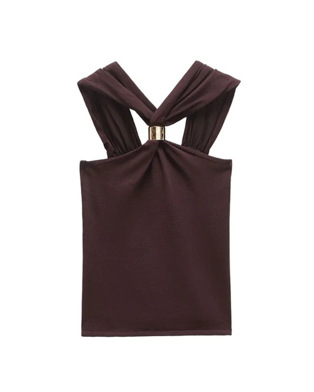 Burgundy criss-cross halter top, flat lay