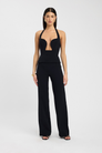 Black plunge bustier top styled with trousers, front view on model