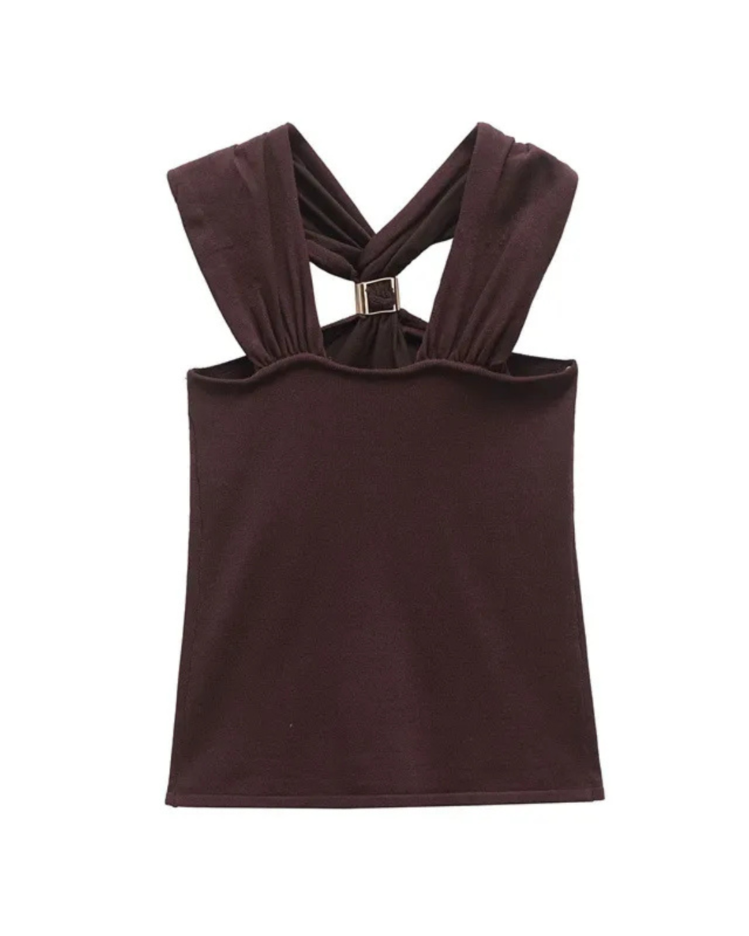 Burgundy criss-cross halter top, back view flat lay