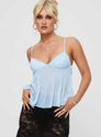 Blue lace pleated cami top, front view on model