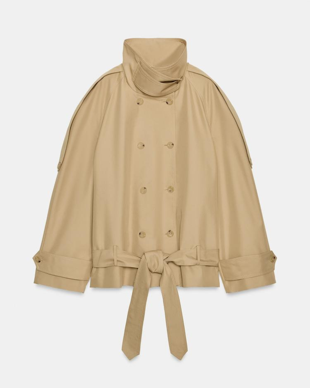 Camel cropped trench coat, product shot on plain background