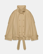 Camel cropped trench coat, product shot on plain background